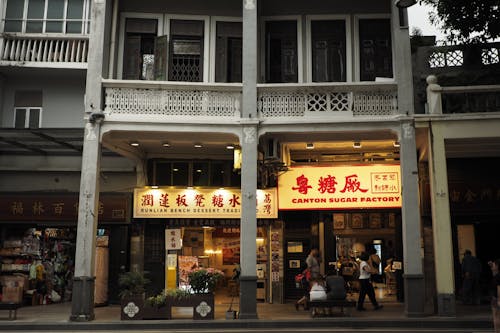 Historic Canton Sugar Factory in Guangzhou featuring traditional Chinese architecture with red brick walls and intricate roof designs.